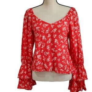 Peach Love Red/Orange V Neck Floral Top Medium
